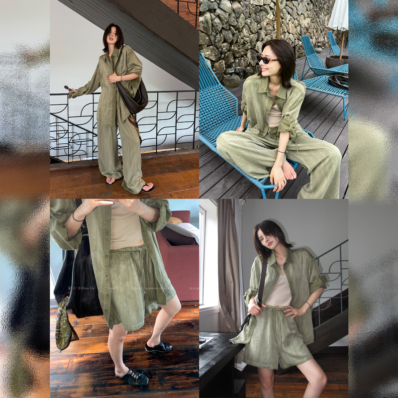 Jccc Shadow [Olive Diary] 100% Lyocell Sand Washed Wrinkled Shirt Short/Long Pants Two-Piece Set for Women