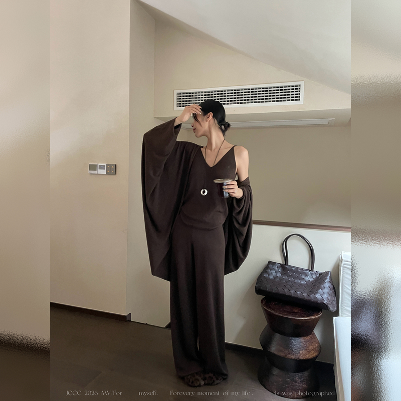 Jccc Shadow [Chestnut Cocoa] High-End Coffee-Colored Knitted Three-Piece Set with Drapey Feel for Commuting, Casual and Relaxed Wear