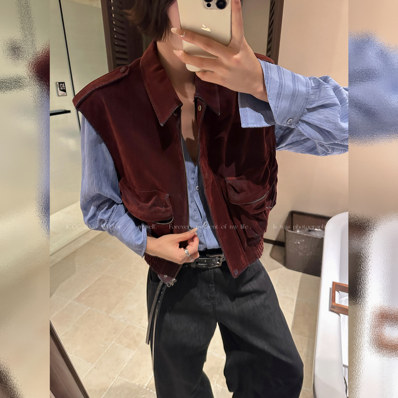 Jccc Shadow [Red Blade] Vintage Distressed Heavy Craft Washed Cotton Denim Flocked Fashion Vest Top Women's Clothing