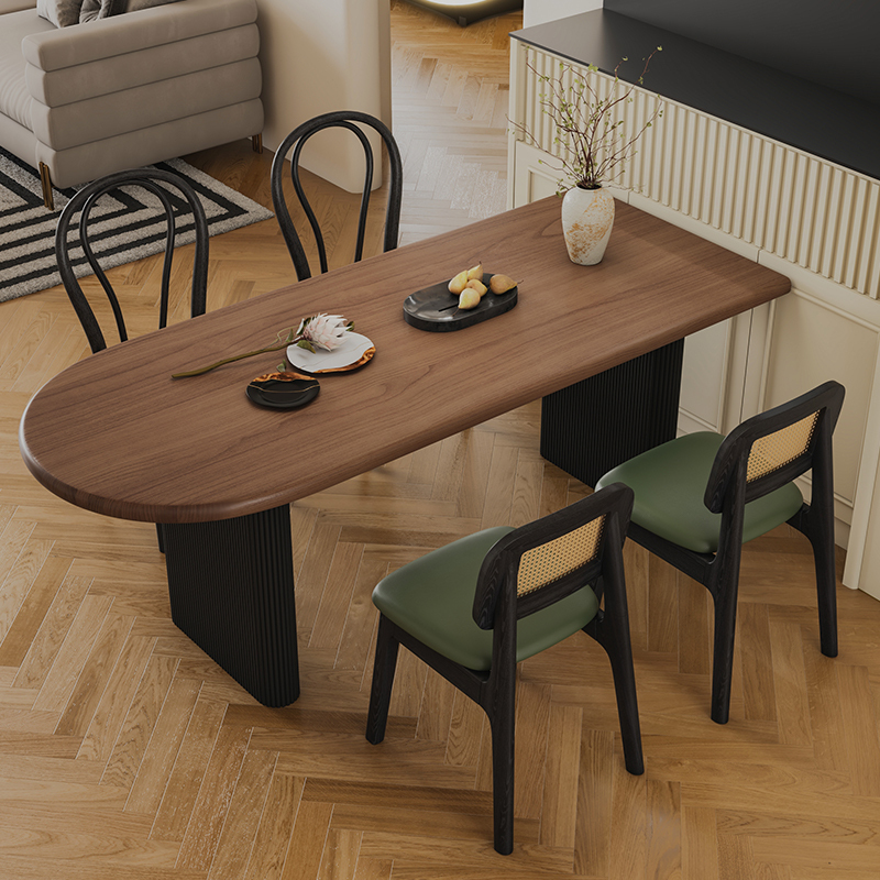 French-Style Mid-Century Walnut Solid Wood Dining Table and Chair Set for Home Use, Small Apartment Semi-Circular Island Table, Natural Wood Dining Table French-Style Mid-Century Walnut Solid Wood Dining Table and Chair Set for Home Use, Small Apartment Semi-Circular Island Table, Natural Wood Dining Table