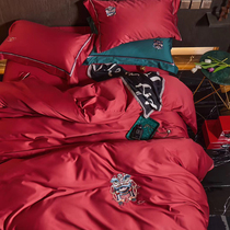 Chinese style wind embroidery 100 long suede cotton with four sets of light lavish Chinese wind pure cotton goon satin 1 8 double bed with supplies