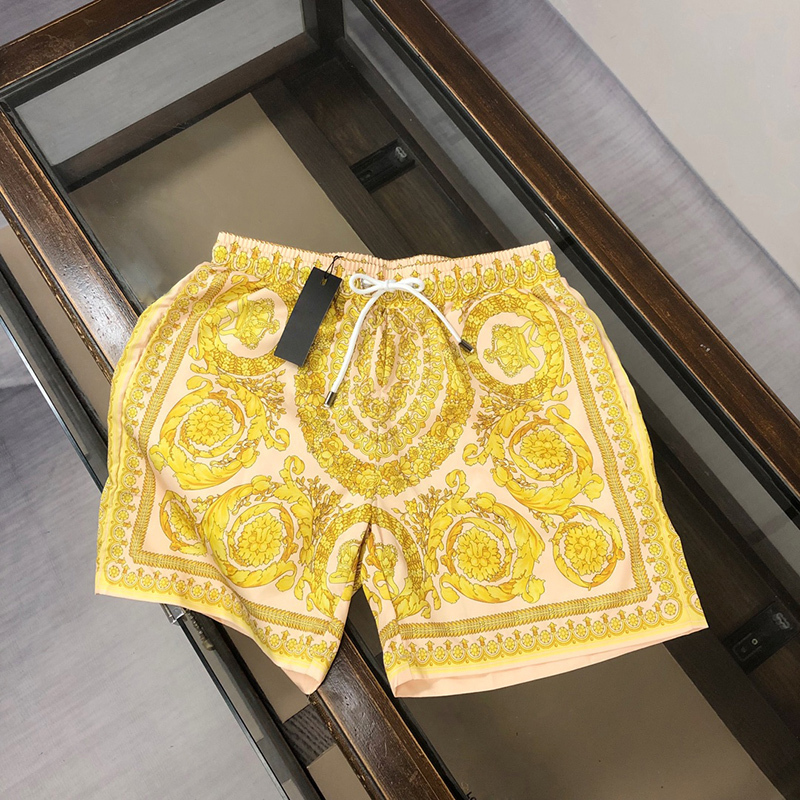 Trendy Brand Shorts for Men, New Summer Style, Gold Floral Print, Trendy and Unique, Slim Fit, Beach Casual Quarter-Length Shorts Trendy Brand Shorts for Men, New Summer Style, Gold Floral Print, Trendy and Unique, Slim Fit, Beach Casual Quarter-Length Shorts