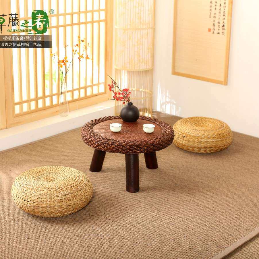 New straw woven small round tea table futon tatami stool bay window straw mat combination