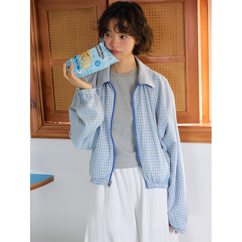 Texas Paris Citywalk Refreshing Blue Plaid Casual Relaxed Style Reversible Zipper Short Jacket