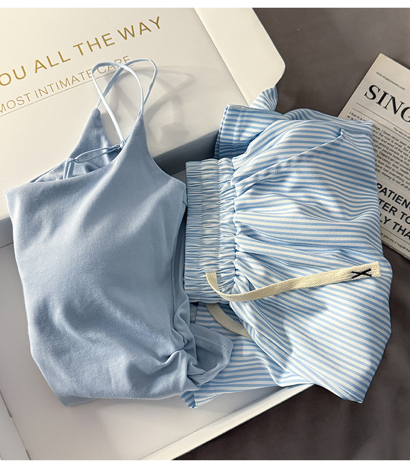 With chest pad All in one camisole vest female summer pure desire wind camisole stripe shorts pajamas Home Furnishings Two piece set