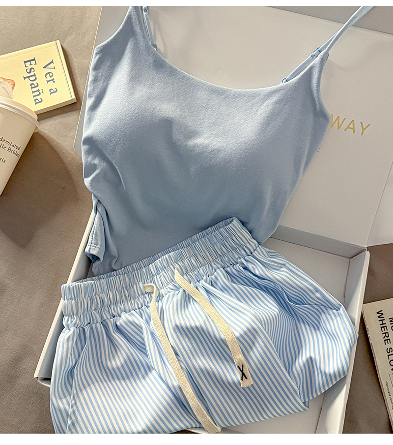 With chest pad All in one camisole vest female summer pure desire wind camisole stripe shorts pajamas Home Furnishings Two piece set