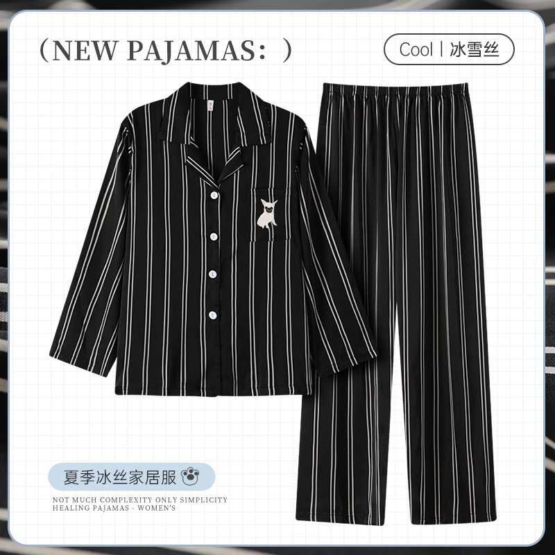 Ren Jialun and Cai Xukun's Matching Couple Pajamas for Women, Spring, Autumn, and Summer Short-Sleeved Ice Silk Long-Sleeved Striped Men's Loungewear
