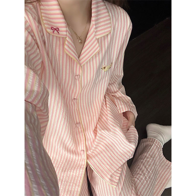 Korean-Style Pink Striped Pajamas for Women, Spring and Autumn Cloud Cotton Silk Long-Sleeve 2026 New Sweet and High-End Loungewear Korean-Style Pink Striped Pajamas for Women, Spring and Autumn Cloud Cotton Silk Long-Sleeve 2026 New Sweet and High-End Loungewear