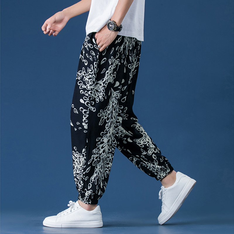 Linen Summer Men's Plus-Size Nine-Point Lantern Pants Loose Harem Floral Pants Trendy Brand Jogger Casual Long Pants