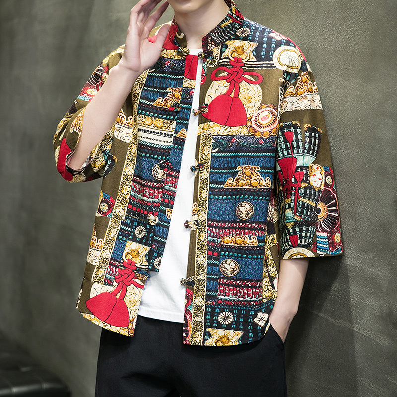 Chinese Style Stand-Up Collar Three-Quarter Sleeve Printed Shirt for Men, Summer Thin Loose Breathable Sweat-Absorbent Trendy Brand Chinese-Style Shirt