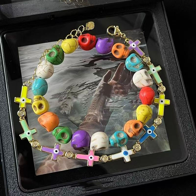 Multicolor Skull Bracelet with Cross Combination, Niche Design, Hip-Hop Style Jewelry