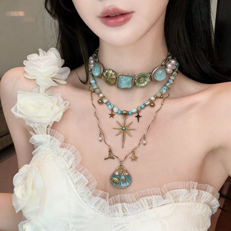 Retro Beaded Stacked Necklace for Women, Bohemian Resort Style, Accessible Luxury, Niche, High-End, Exaggerated Clavicle Chain Accessories