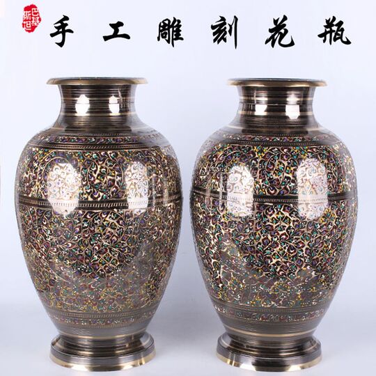 Pakistani copper 16-inch hand-carved colorful dot altar vase retro N big belly copper vase home decoration