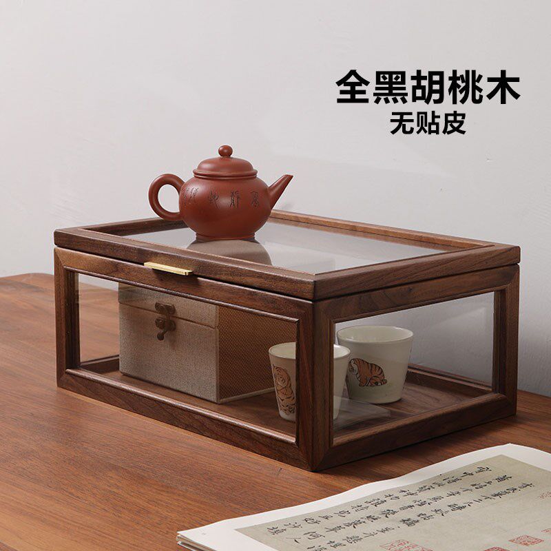 Black walnut tea set storage box desktop dustproof glass display cabinet toy bracelet purple sand pot tea cup storage cabinet