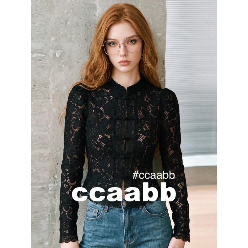 It:Ccaabb Black Lace Shirt for Women, New Autumn Style, French Style, Slim Fit, Long-Sleeved Shirt, Cut Out Top