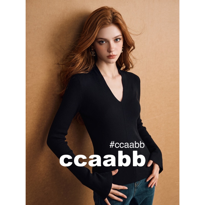 It:Ccaabb Black V-Neck Long-Sleeved T-Shirt for Women in Autumn, Simple Slim Fit, Stretchy Inner Layering Shirt Top It:Ccaabb Black V-Neck Long-Sleeved T-Shirt for Women in Autumn, Simple Slim Fit, Stretchy Inner Layering Shirt Top