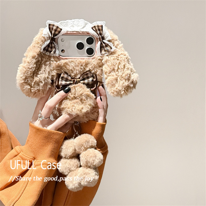 Autumn and Winter Ins Brown Plaid Plush Lace Rabbit Ear Case for Apple 16 Pro Max, iPhone 17 Pro Max, Winter 15 Pro Max, Women's 14 Pom-Pom Chain 13 Pro Anti-Drop Shell