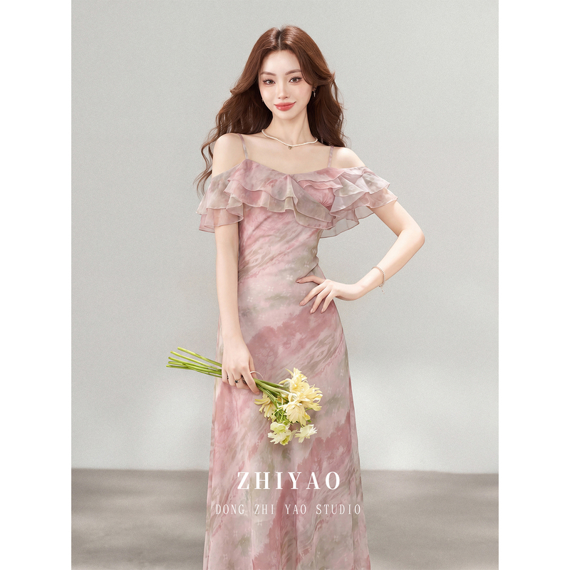 Dong Zhiyao's New Summer French-Style Pink Gradient Ruffle Off-Shoulder Spaghetti Strap Dress for Women, Waist-Cinching Elegant Long Dress Dong Zhiyao's New Summer French-Style Pink Gradient Ruffle Off-Shoulder Spaghetti Strap Dress for Women, Waist-Cinching Elegant Long Dress