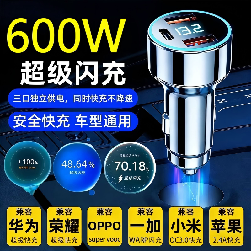 2026 New Car Charger 600W Super Flash Charging Qc3.0 Multi-Port Fast Charging 12V24V Universal Cigarette Lighter