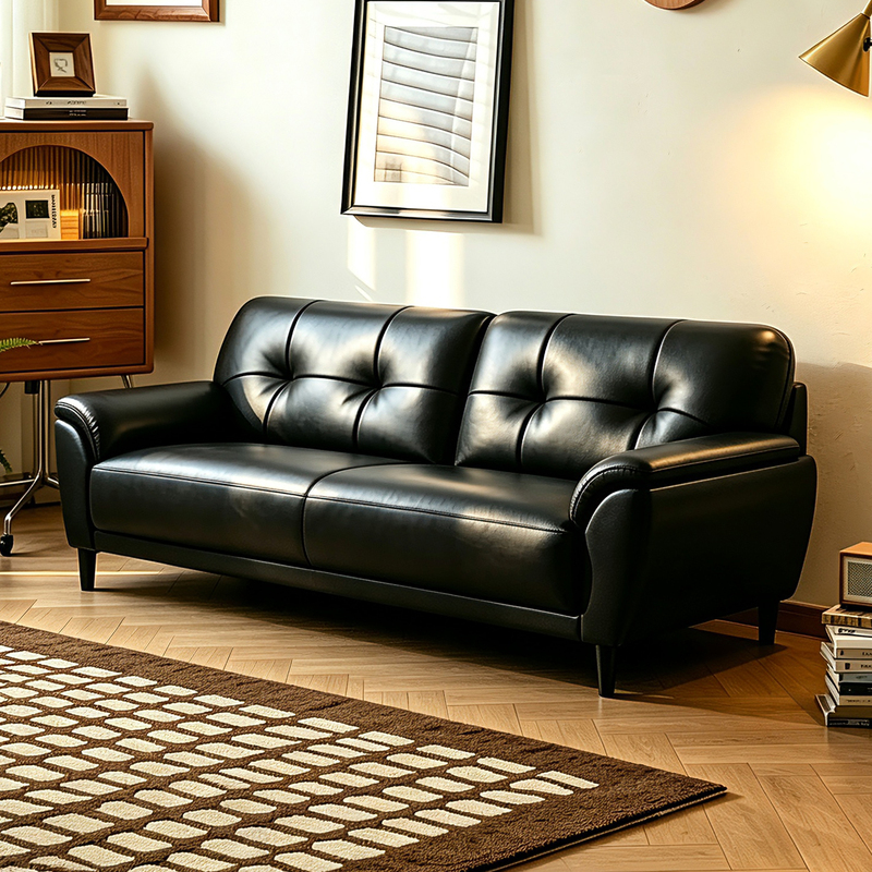 Italian-Style Black Sofa for Small Apartments, Vintage-Style Oil-Waxed Leather, Suitable for Office Rest Areas and Reception Areas, Available in Two or Three-Seater Options