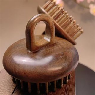 【卖檀翁】玉檀按摩梳插齿圆盘梳 高档维腊木养生木梳指环经络梳