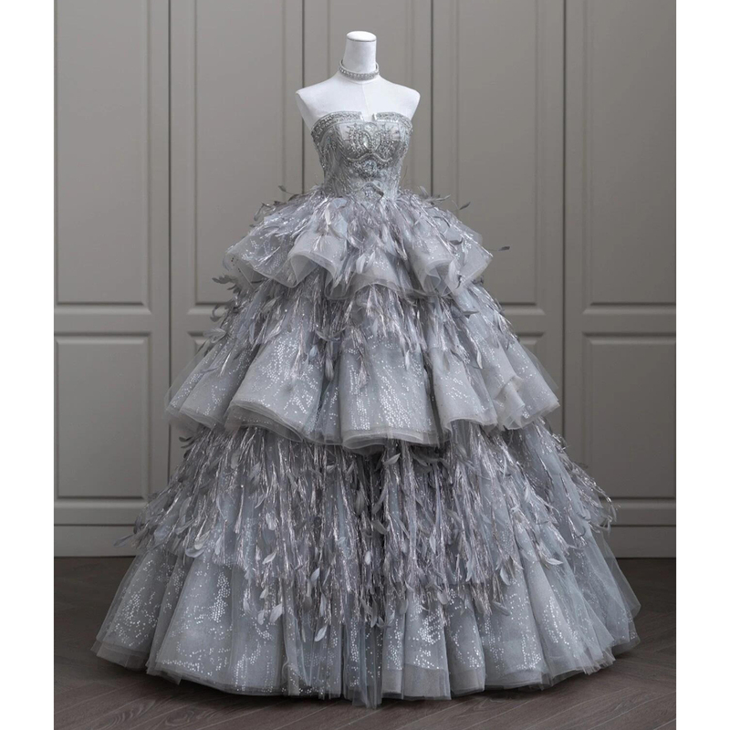 Strapless Evening Dress with a Small Train for Women, Suitable for Brides, Engagements, Weddings, Toasting, Feathered Coming-Of-Age Ceremony, Birthday, Puffy Princess Dress