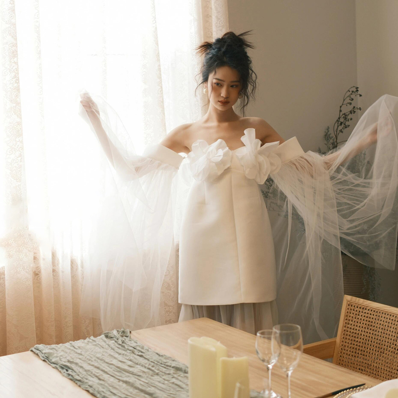 Strapless Robe for Women, Bridal Light Wedding Dress, White Satin Dress for Marriage Registration, Long White Dress for Birthday Party Strapless Robe for Women, Bridal Light Wedding Dress, White Satin Dress for Marriage Registration, Long White Dress for Birthday Party