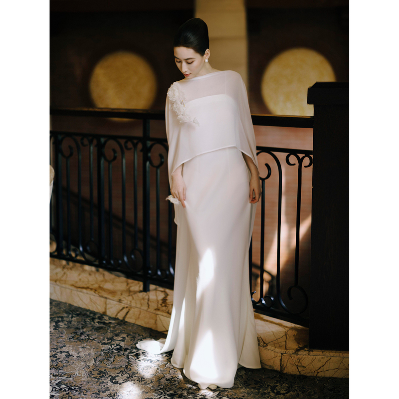 Morning Gown for Women, Bride's Toast Dress, White Simple and Lightweight Engagement Wedding Dress, Satin Banquet Host Evening Dress