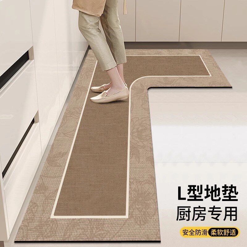 New 2024 kitchen floor mat L-shaped monolithic oil-proof, waterproof, anti-slip, wipeable, wash-free carpet floor mat