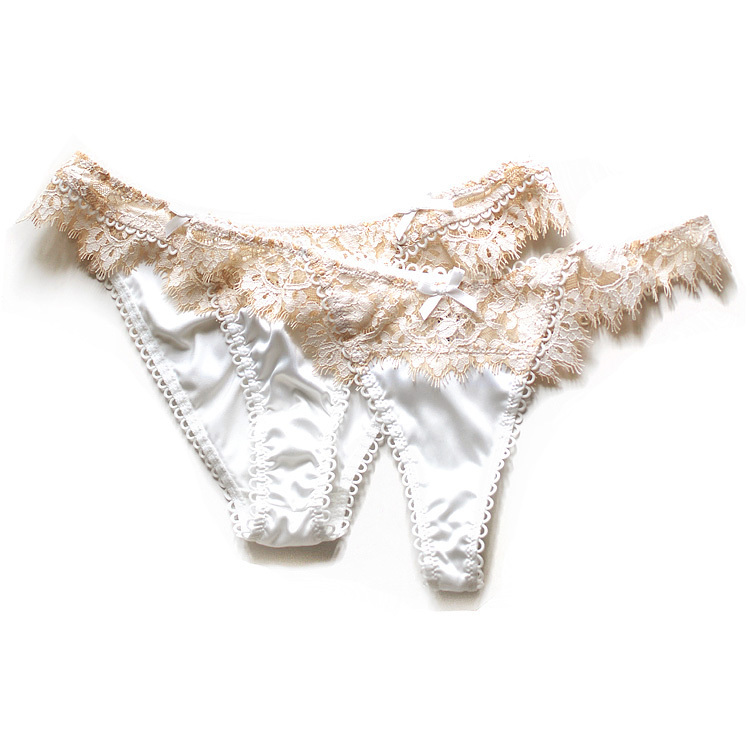 European and American Style Sexy Eyelash Lace Satin Low-Rise Thong Panties for Women, Pearl White