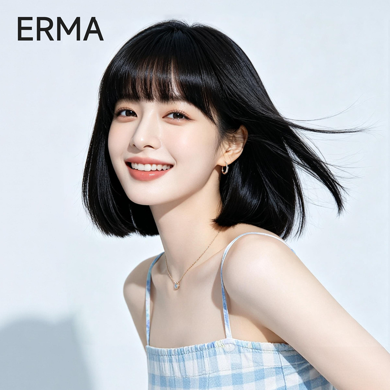 Air Bangs Bob Short Hair Wig Full Headpiece for Women, Real Hair, No Hair Net, Lightweight, Breathable, for Daily Use