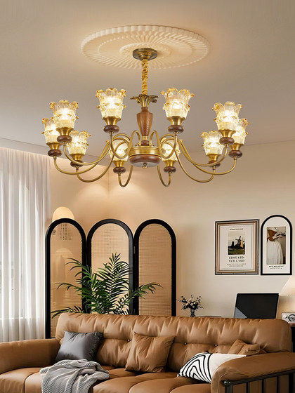 American-Style Retro All-Copper Glass Living Room Chandelier, French Mid-Century Style Solid Wood Dining Room and Bedroom Lamp, Creative Light Luxury and Elegant Design