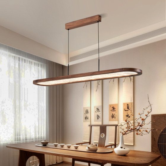 Medieval-Style North American Black Walnut Wood Ceiling Light for Living Room, Dining Room, and Bedroom, Led Full-Spectrum Eye-Protection Lampshade with Faux Silk