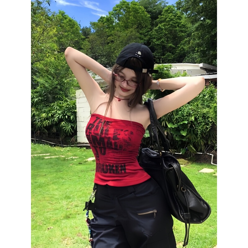 American Retro Letter Print Hot Girl Red Tube Top Women's Summer Short Slim Design Outerwear Top American Retro Letter Print Hot Girl Red Tube Top Women's Summer Short Slim Design Outerwear Top