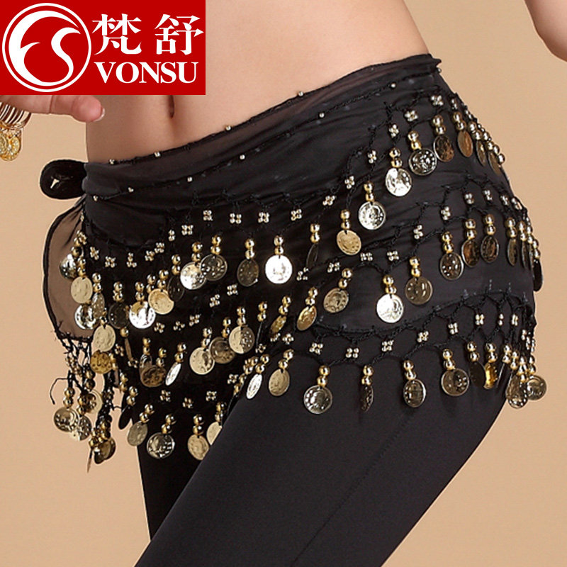 Van Shu 2021 New Belly Dance Waist Chain Hip Scarf Chiffon Three Layer Dancing Gold Coin Waist Seal Indian Dance Beginner