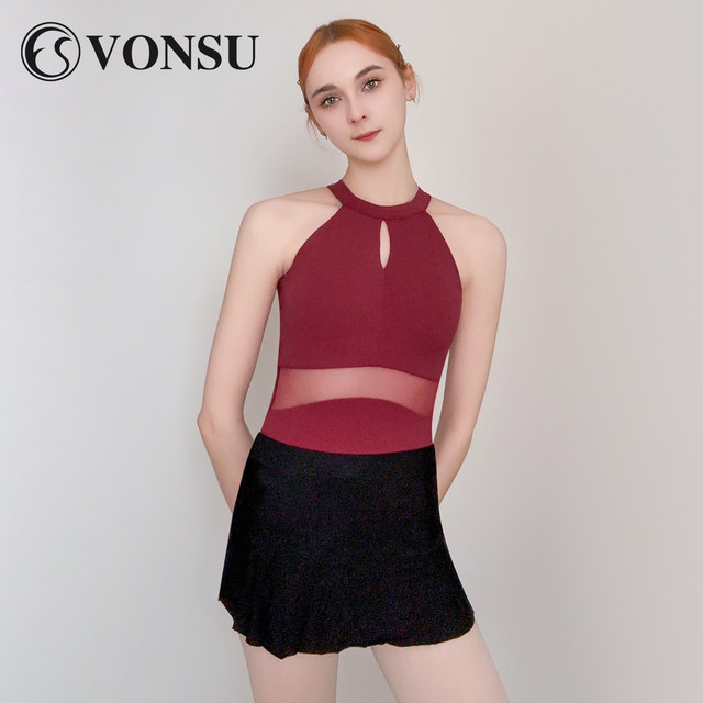 Fanshu burgundy halter neck mesh ballet high elastic training suit