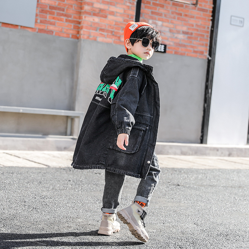 Boy Clothing Boy Autumn Winter Clothing Thickened Denim Jacket 2021 New Children Among The Long Version Of The Foreign Palate Middle School Boy Gush Tide