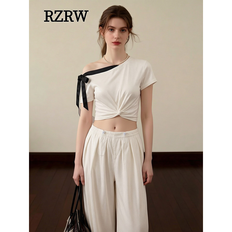 Rzrw Official Website White Bowknot Off-Shoulder Asymmetrical Twist Top for Women, Summer Slim-Fit Design, Faux Two-Piece Short Sleeve Rzrw Official Website White Bowknot Off-Shoulder Asymmetrical Twist Top for Women, Summer Slim-Fit Design, Faux Two-Piece Short Sleeve