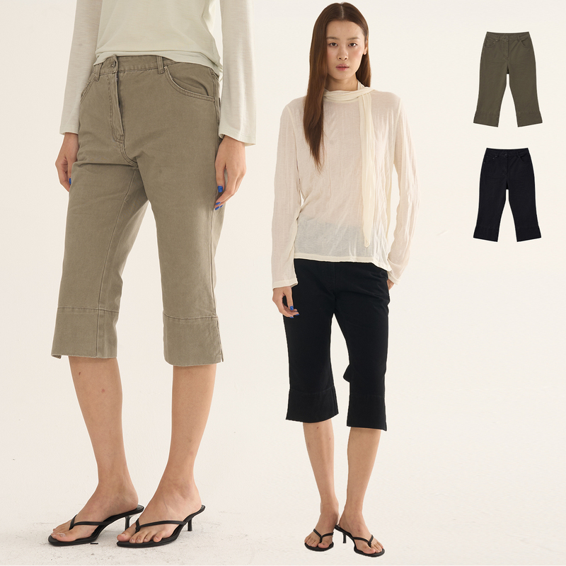 Odob Basic Casual Capri Pants, Slim Fit, Versatile, Slimming, Mid-Low Waist, Black/Grey Green