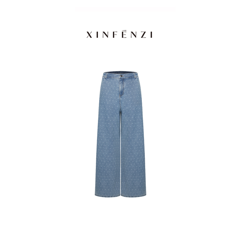 【Polka Dot Pants】Xinfenzi Vintage Style Versatile Polka Dot High-Waisted Straight-Leg Jeans Long Pants