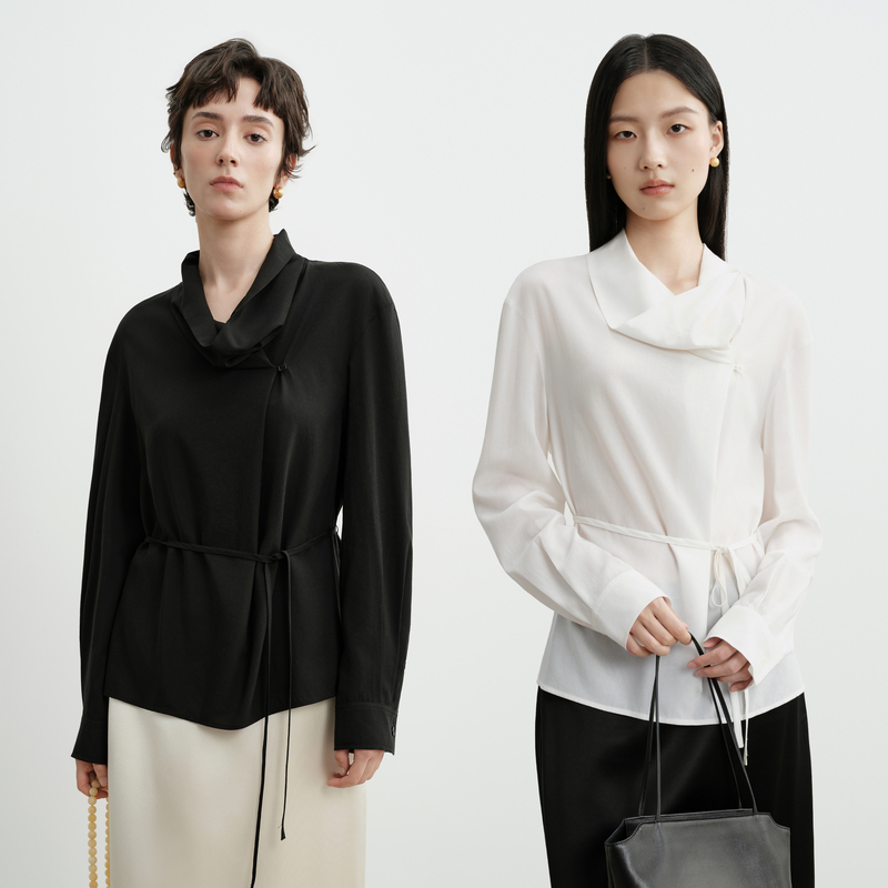 【A Touch of Gentleness】Xinfenzi High-End Elegant Draped Collar Wrap-Style Tie-Waist Shirt