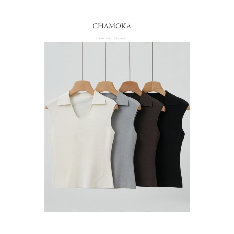 Summer Casual Style Lapel Sleeveless Knit Vest for Women, Summer Elegant Slim-Fit Versatile T-Shirt Top 1432