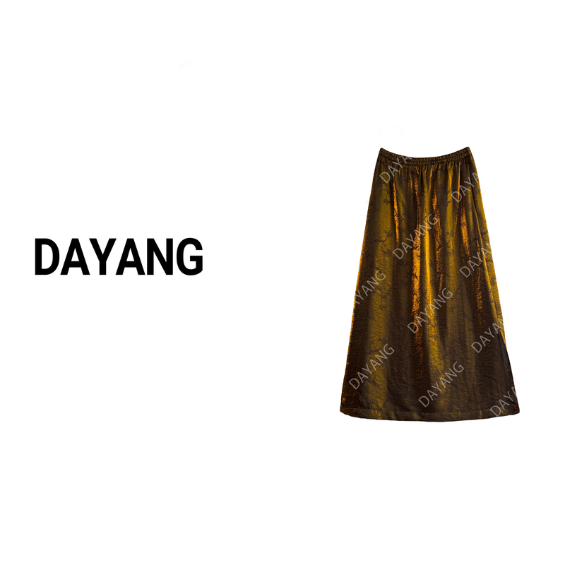 【Dayang】Golden Glitter Skirt New Chinese Style Golden Glitter Jacquard Elastic Waist Hip-Covering Slit Long Skirt