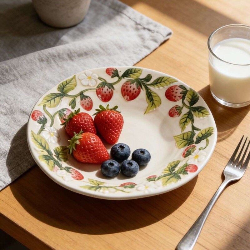 Cute Embossed Strawberry Grape Underglaze Color Plate, Flat Plate, Deep Plate, Ceramic Tableware, Round Plate, Gift Plate for Women