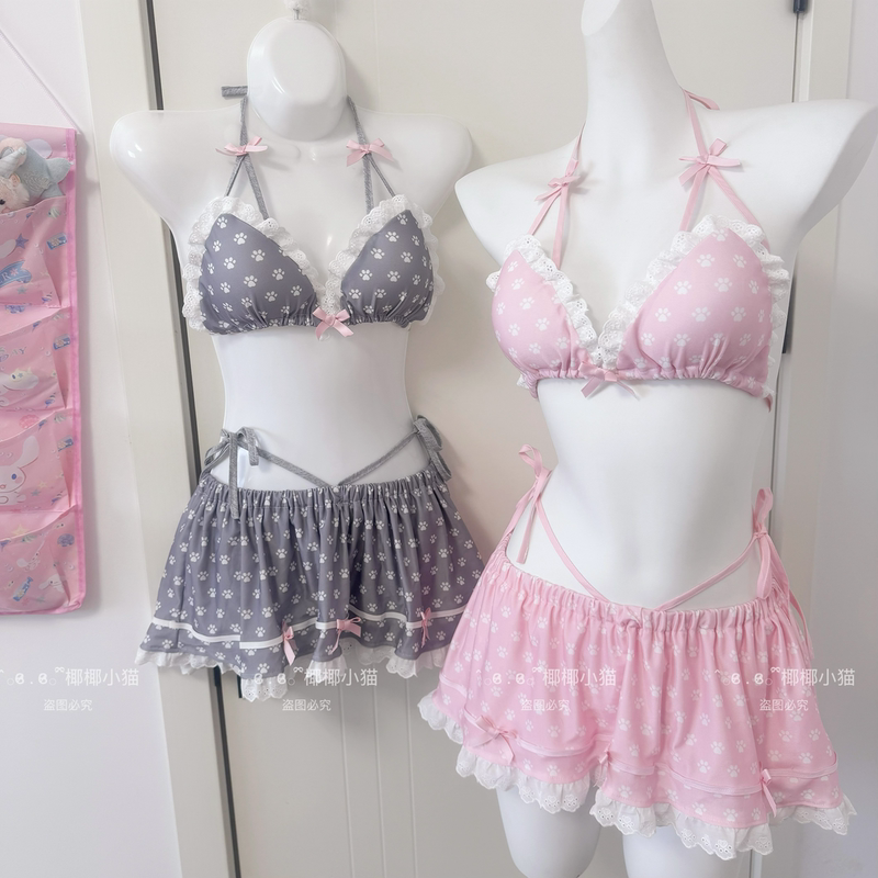 Coconut Kitty【Sleepy Cat】Cute and Adorable Emoji Two-Piece Swimsuit for Girls with Pure and Cute Bowknots