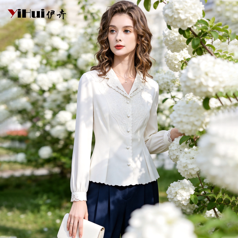 Casual Style Heavy Embroidery White Shirt Top for Women 2026 Autumn Long-Sleeve Waist-Cinching Base Shirt Unique Blouse