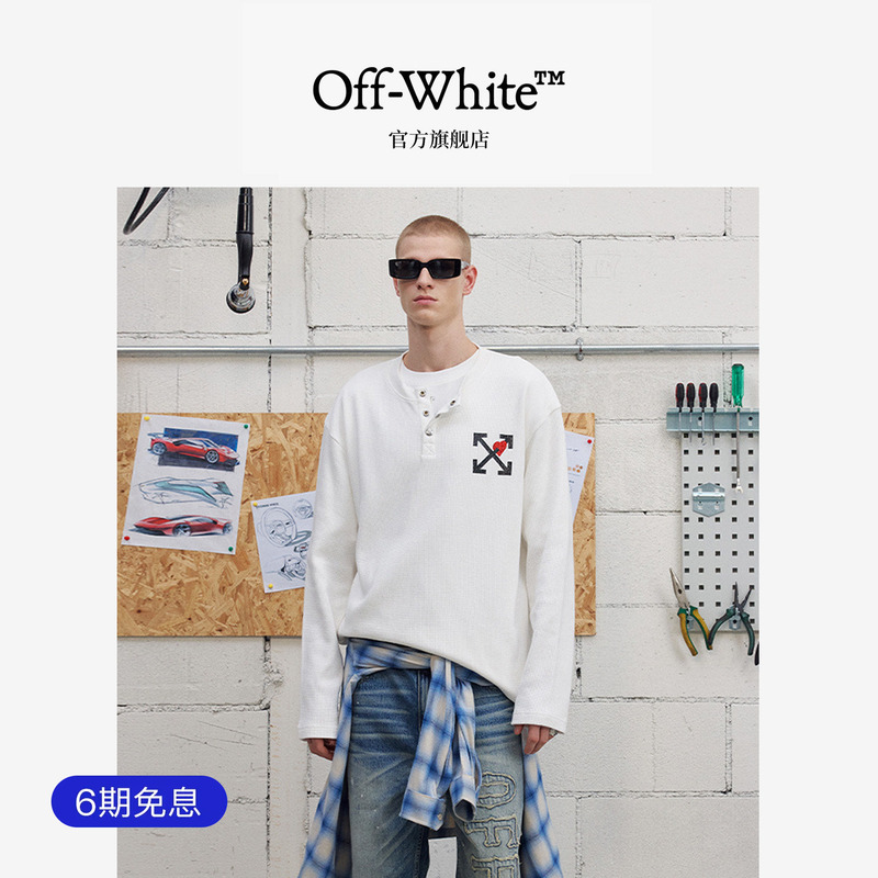 Off-White ™ Couple's Matching Long-Sleeved T-Shirt with Heart Double Arrow Decoration, Unisex Round Neck Pure Cotton Top.