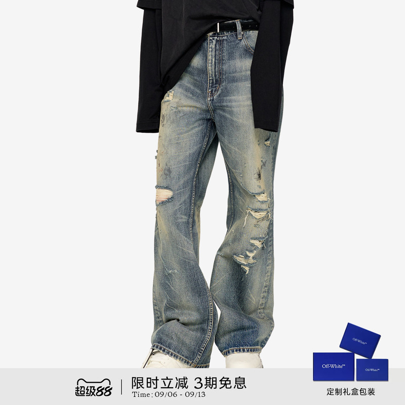 Off-White ™ Couple's Matching Outfits, New Style Ripped Jeans, Fashionable Street Style, Distressed Long Pants.