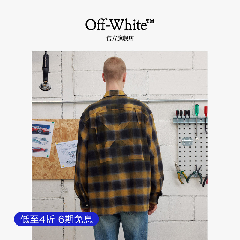 Off-White ™ Couple's Plaid Shirt with American Retro Double Arrow Pattern, Unisex Long-Sleeved Top