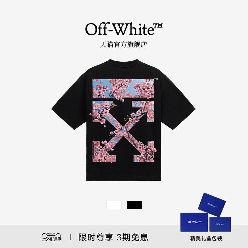 Off-White ™   Couple's Clothing 2026 New Heavyweight Pure Cotton Short-Sleeved T-Shirt with Cherry Blossom Double Arrow Decoration for Men and Women